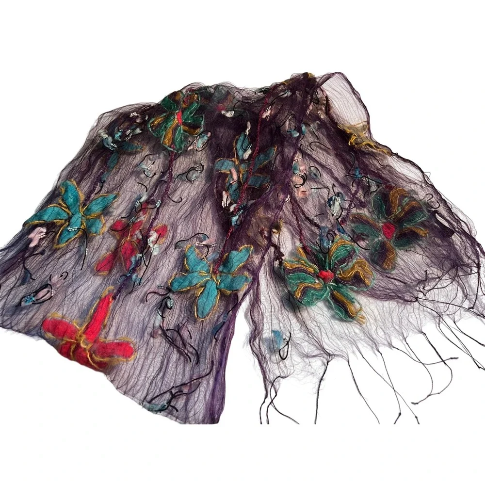 Fleurs by Elegant Additions Purple Fiber Natural Silk Handwoven Scarf Whimsical